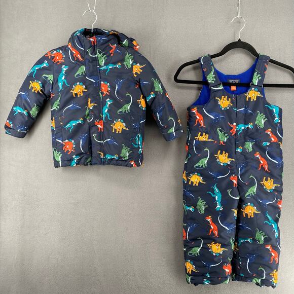 Childrens Place 2 Piece Snow Suit Overalls Jacket Fleece Lined 3T Blue Dinosaurs